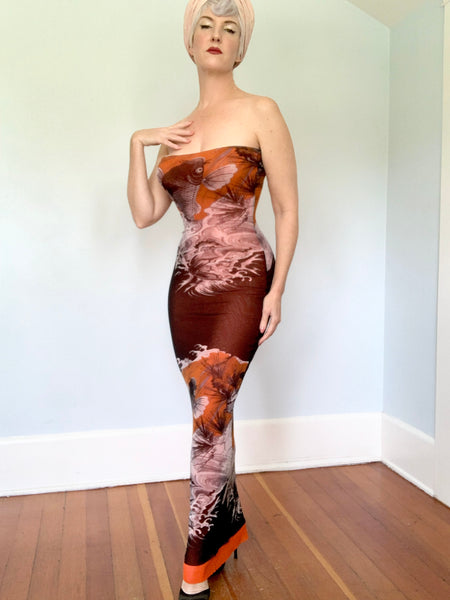 Designer 1990s "Jean Paul Gaultier Soleil" Koi Fish Tattoo Print Mesh Bodycon Strapless Maxi Dress