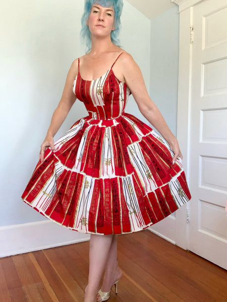 1950s Hawaiian “Joss Sticks” Handprint Alfred Shaheen Polished Cotton Sundress