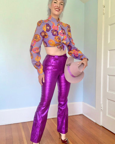 Pristine 1960s Metallic Purple Stretch Liquid Lamé Western Pants