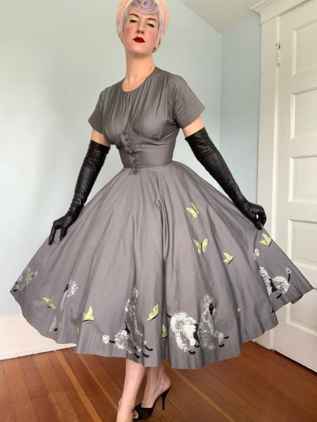 1950s Poodle Novelty Border Print Cotton Day Dress