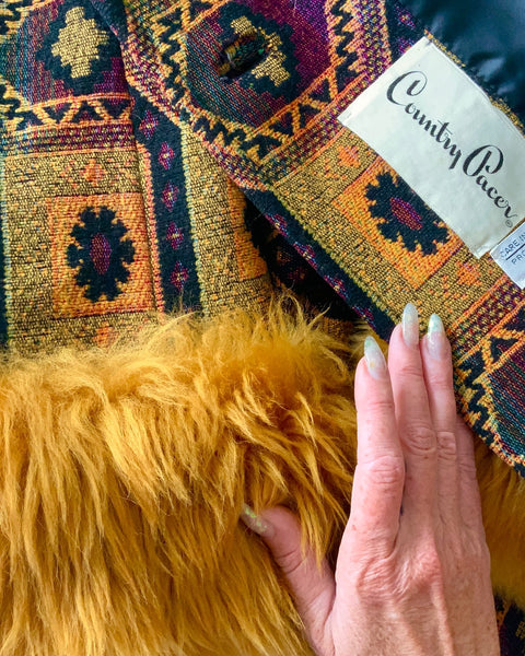 Killer 1960s Penny Lane Tapestry Coat w/ Mongolian Lamb Trim by “Country Pacer”