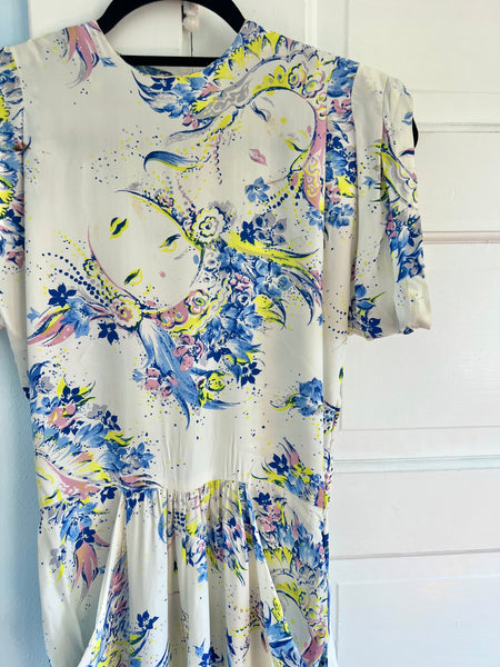 1940s Faces Novelty Print Cold Rayon Cocktail Dress