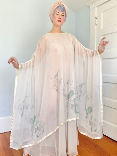 1970s “Jean Varon” Sheer Chiffon Sealife Motif Caftan Gown