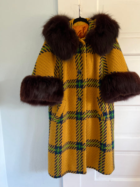 Late 1950s Woven Wool Oversized Plaid Dress Coat w/ Fox Fur Trim