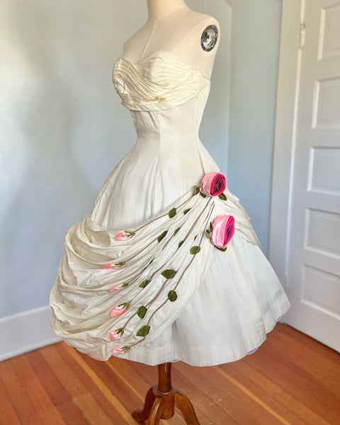 1950s Taffeta Strapless 3D Rose Party Dress in the Style of Ann Lowe