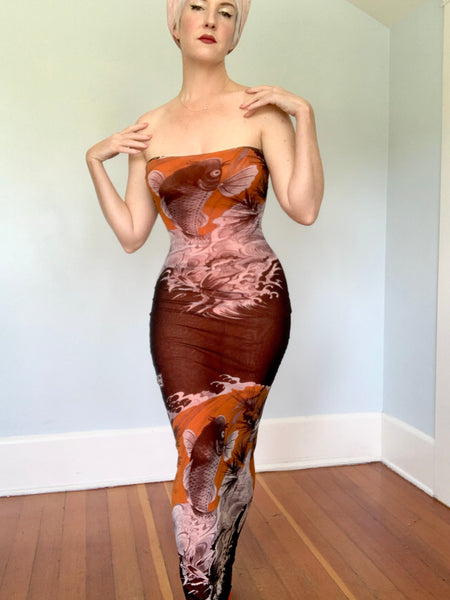 Designer 1990s "Jean Paul Gaultier Soleil" Koi Fish Tattoo Print Mesh Bodycon Strapless Maxi Dress
