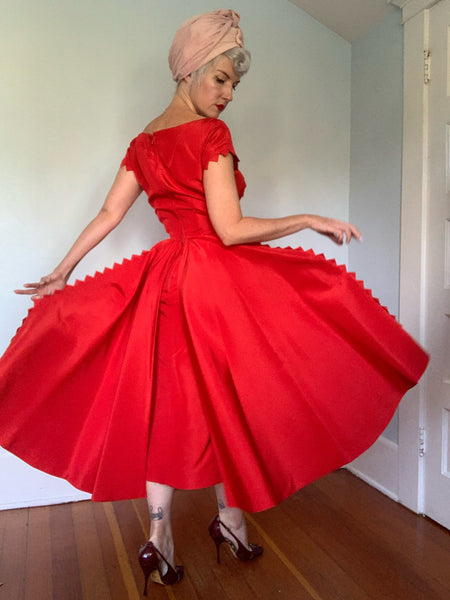 1950s Devil Red Satin Cocktail Dress w/ Back Draped Wings