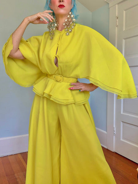 1960s “Calderón” Acid Chartreuse Yellow Crepe 3 Piece Ensemble