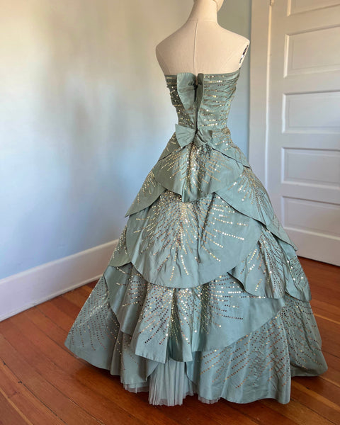 Late 1940s Custom Couture Silk Sequined Petal Gown Inspired by A/W 1949 Dior