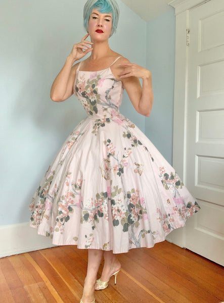 1950s Birdcages w/ Birds Novelty Print Cotton Sundress