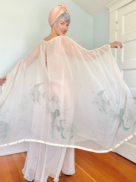 1970s “Jean Varon” Sheer Chiffon Sealife Motif Caftan Gown