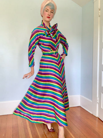 True Rainbow Striped Satin 1940s Dressing Gown w/ Belt