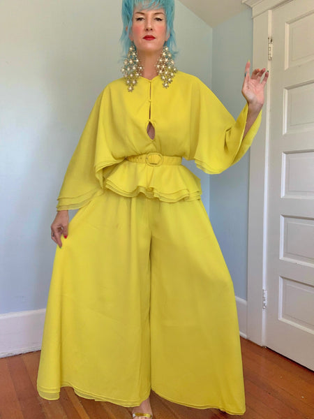 1960s “Calderón” Acid Chartreuse Yellow Crepe 3 Piece Ensemble