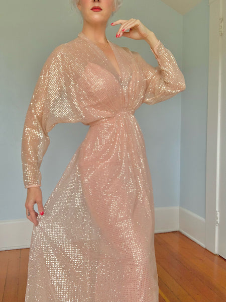 1970s “Lillie Rubin” Glitter Chiffon Over Rayon Glamour Gown