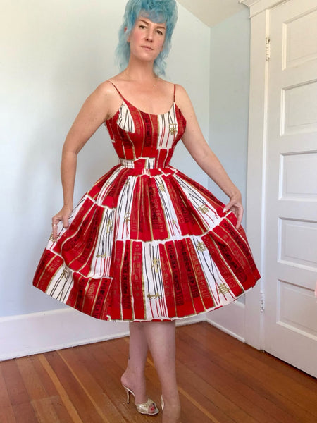 1950s Hawaiian “Joss Sticks” Handprint Alfred Shaheen Polished Cotton Sundress