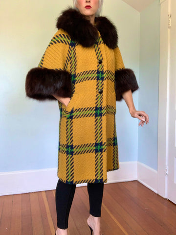 Late 1950s Woven Wool Oversized Plaid Dress Coat w/ Fox Fur Trim