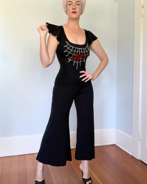 1970s “Young Innocent” Stretch Jersey Palazzo Pant Sequined Spiderweb Jumpsuit