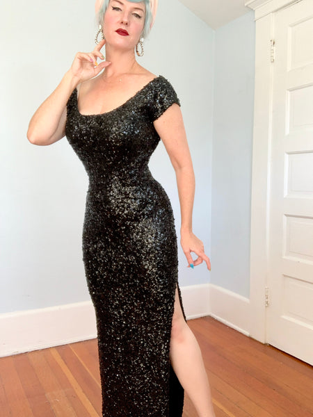 1960s Hand Sequined “Gene Shelly’s Boutique Internationale” Wool Knit Evening Gown