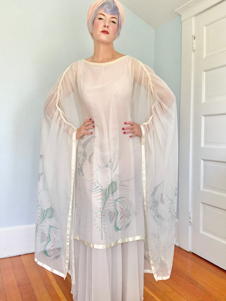 1970s “Jean Varon” Sheer Chiffon Sealife Motif Caftan Gown