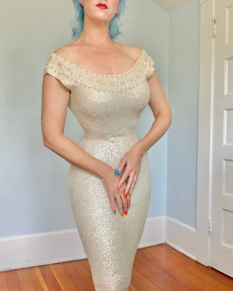 1960s “Gene Shelly’s Boutique Internationale” Hand Sequined / Beaded Wool Cocktail Dress