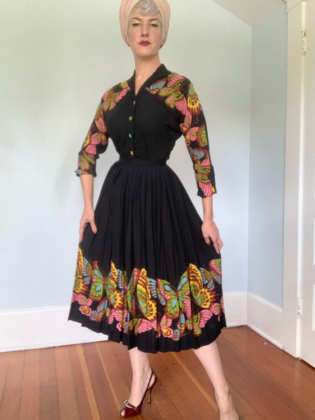 Gorgeous 1940s 2 Piece Linen Dress Set w/ Hand Printed Butterfly Border Print