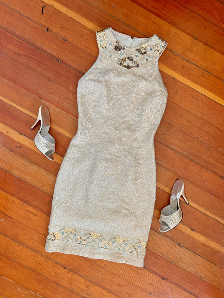 Custom 1960s Cleopatra Style Wool Iridescent Sequin Covered Cocktail Dress