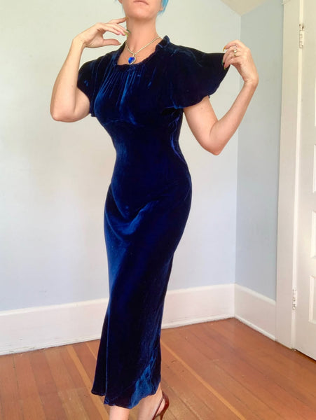 Custom 1930s Sapphire Silk Velvet Evening Gown