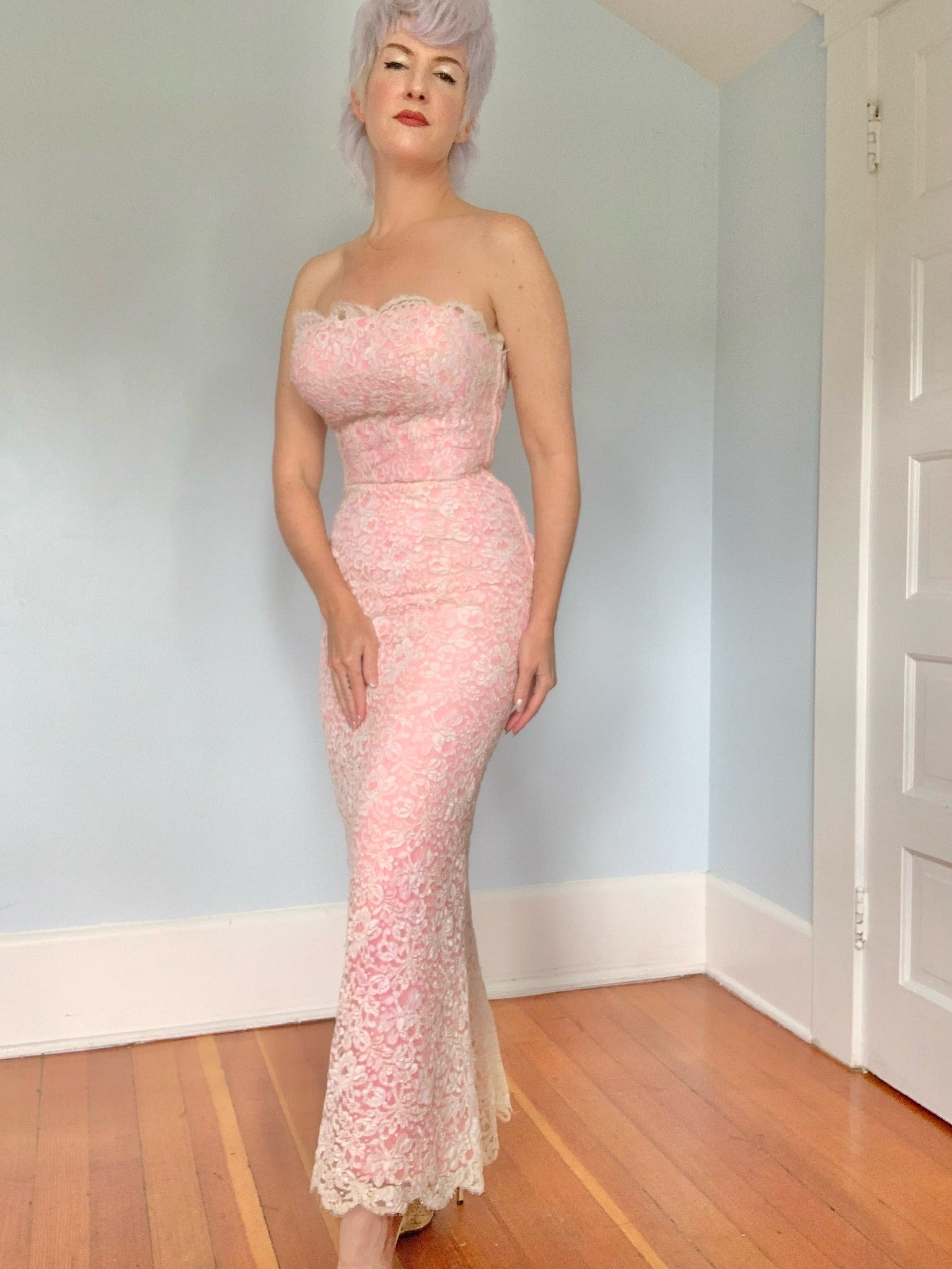 1960s Strapless Extreme Hourglass Evening Gown in Handmade Lace Over H butchwaxvintage 1960s Strapless Extreme Hourglass Evening Gown in Handmade Lace Over H butchwaxvintage