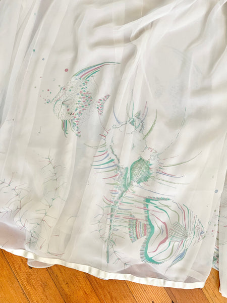 1970s “Jean Varon” Sheer Chiffon Sealife Motif Caftan Gown