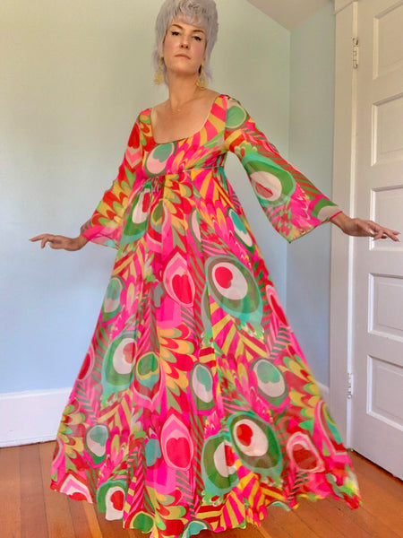 1960s Custom Made 2 Piece Silk Chiffon Psychedelic Evening Ensemble by “Gino Charles”