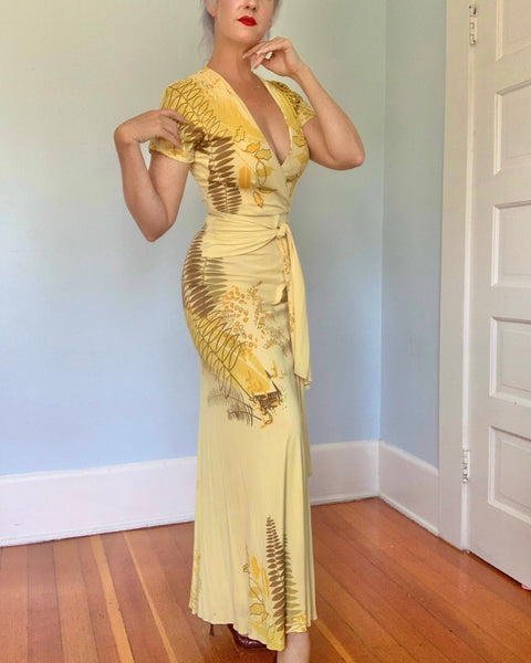 1940s Rayon Jersey Hawaiian Wrap Gown
