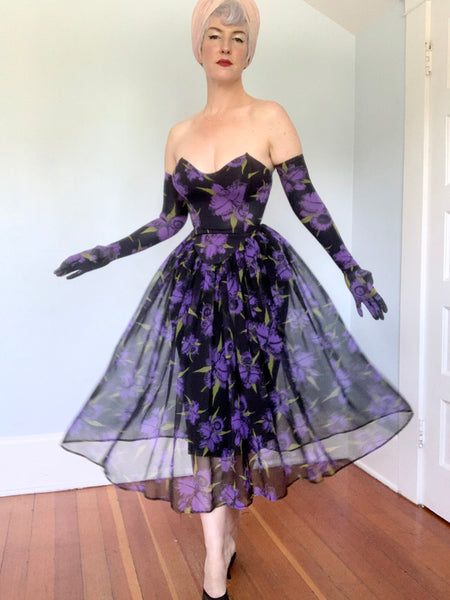 Killer 1980s "Betsey Johnson" Punk Label 3 Piece Iris Print Dress Set 2/ Gloves & Slip