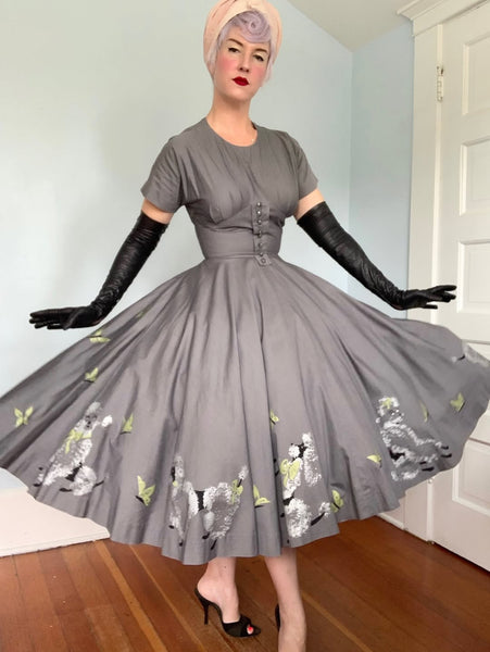 1950s Poodle Novelty Border Print Cotton Day Dress