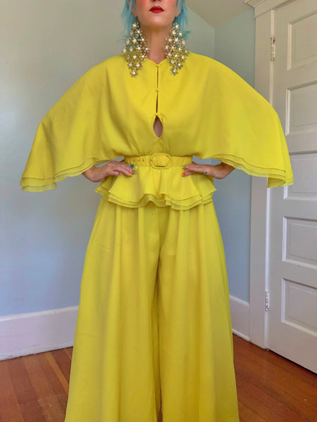 1960s “Calderón” Acid Chartreuse Yellow Crepe 3 Piece Ensemble