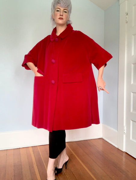 Couture 1950s "Bullock's Wilshire Wynshire" Crimson Red Cotton Velvet Extreme Trapeze Coat