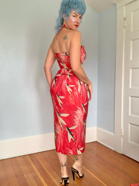 Rare 1940s Custom Made Silk Hawaiian Sarong Dress w/ Flying Fish Print