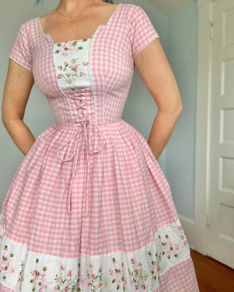 1950s Brigitte Bardot Style Gingham Cotton Corset Sundress