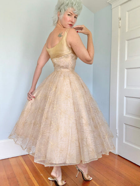 1950s Embroidered Spiderweb & Lurex Party Dress