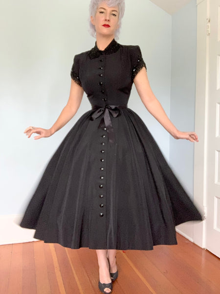 1940s New Look Textured Satin Hand Embellished Party Dress for “Blum’s-Vogue Chicago”