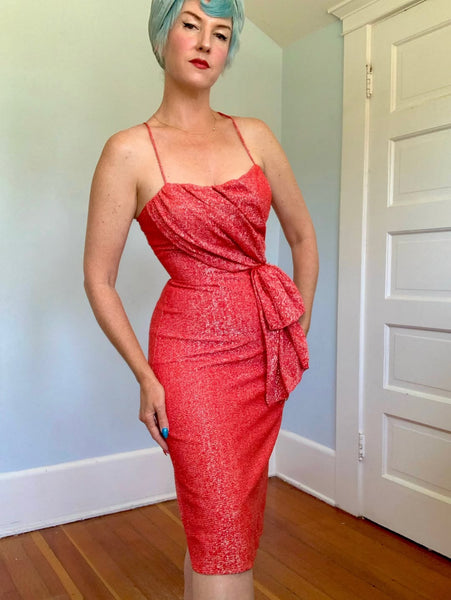 1950s Style Metallic Red Lurex Draped Cocktail Dress