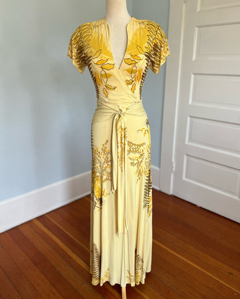 1940s Rayon Jersey Hawaiian Wrap Gown
