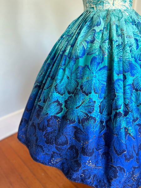 1950s “Alfred Shaheen” Ombré Blue Hand Printed Hibiscus Cotton Sundress