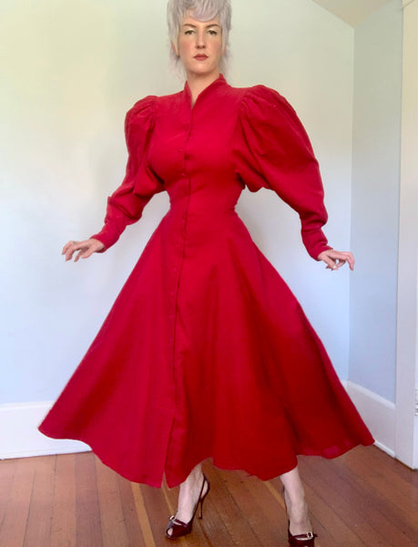 1980s Crimson Red Soft Cotton Corduroy Day Dress w/ Huge Pleated Shoulders & Skirt by "The J. Peterman Co. - Lexington, Kentucky"