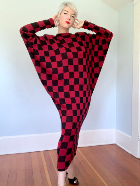 Avant-Garde 1980s "Norma Kamali" Checkered Knit Cocoon Maxi Dress
