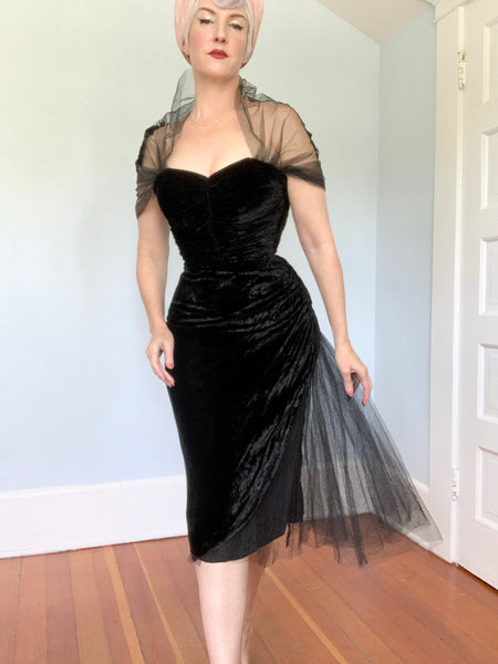 Bombshell 1940s Rayon Velvet Extreme Hourglass Cocktail Dress w/ Tulle Mesh Detailing & Attached Shawl