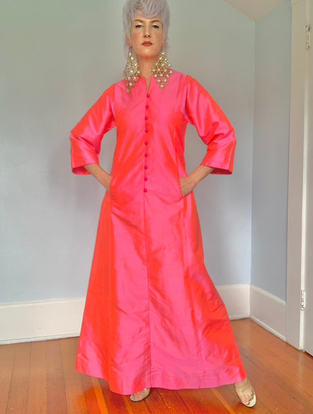 Magical 1960s Hottest Neon Pink Iridescent Thai Silk Caftan w/ Pockets