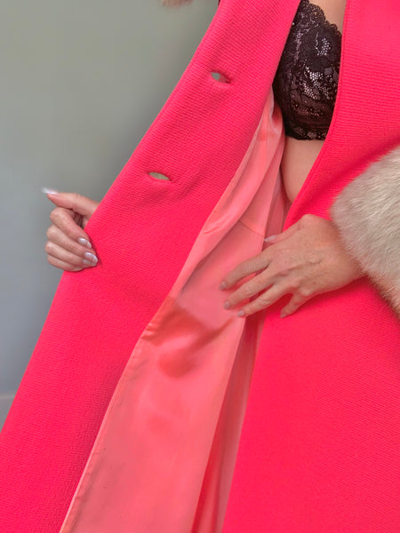 1960s Neon Highlighter Pink Wool Princess Coat w/ Fox Fur Trim by “Lilli Ann”