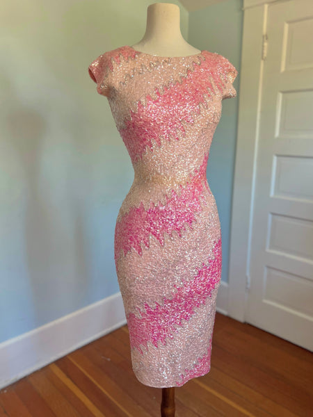 1960s “Gene Shelly’s Boutique Internationale” Hand Sequined Wool Cocktail Dress