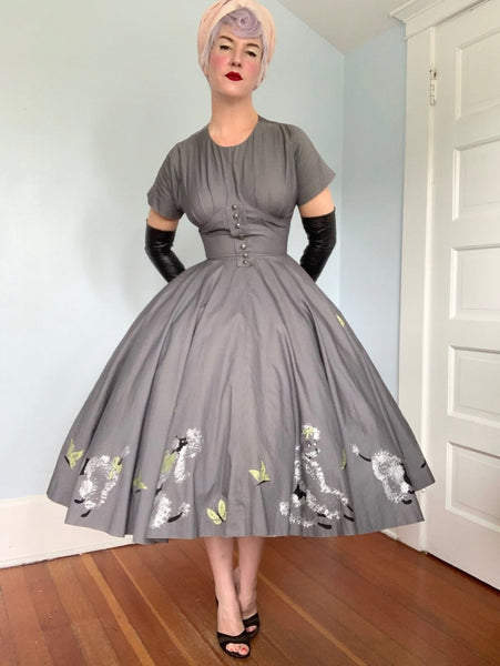 1950s Poodle Novelty Border Print Cotton Day Dress