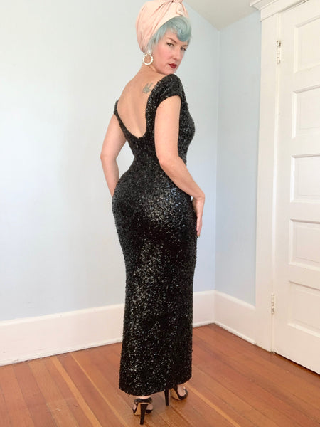 1960s Hand Sequined “Gene Shelly’s Boutique Internationale” Wool Knit Evening Gown